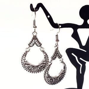 Bohemian Ornate Silver Tone Drop Pierced Earrings